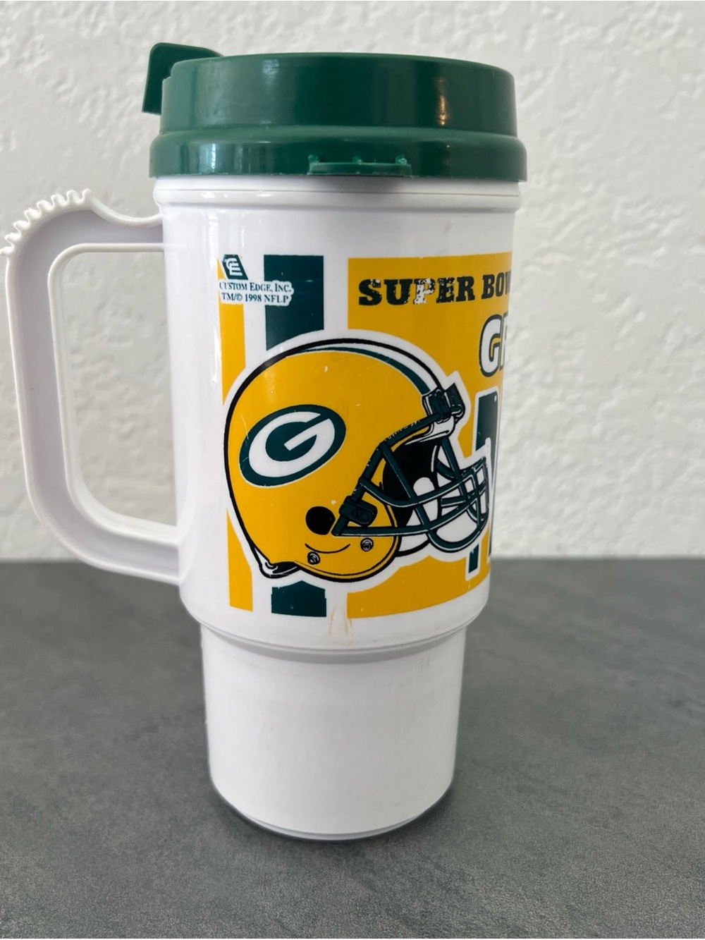 VTG Green Bay Packers Super Bowl XXXI Plastic Coffee Travel Mug Cup Auto Mate
